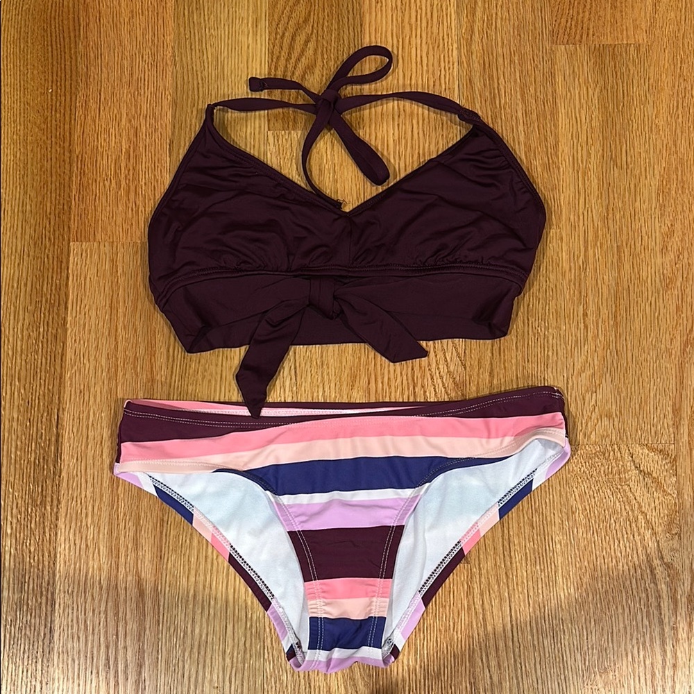 Kona Sol Striped Bikini Set with Halter Top - Size Small